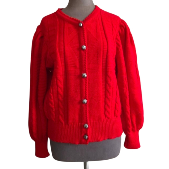 Vintage Red Austrian Wool Puff Sleeve Cardigan Sz EU 44/ US LG Salzburger Dirndl - Picture 3 of 16